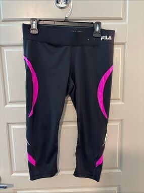 FILA Black Capri Leggings with Bright Pink Panels